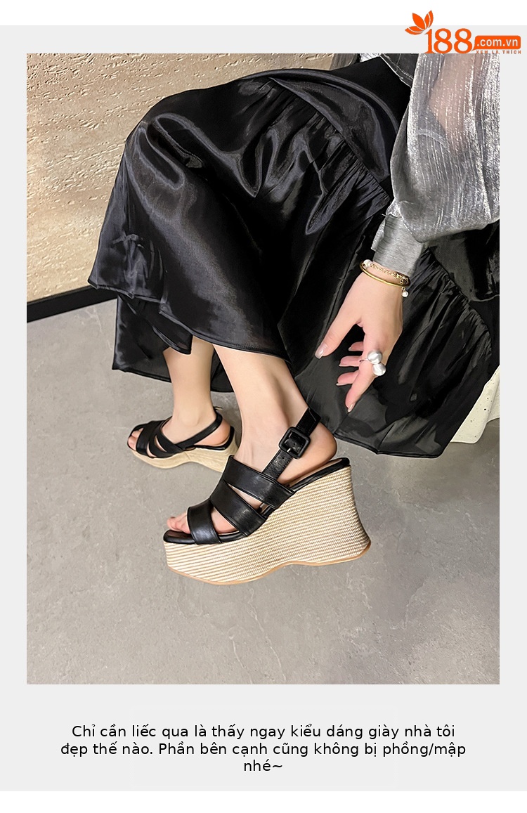 Sandal cao gót nữ hở mũi quai ngang đế xuồng da thật — màu đen, màu trắng ngà chi tiết 4