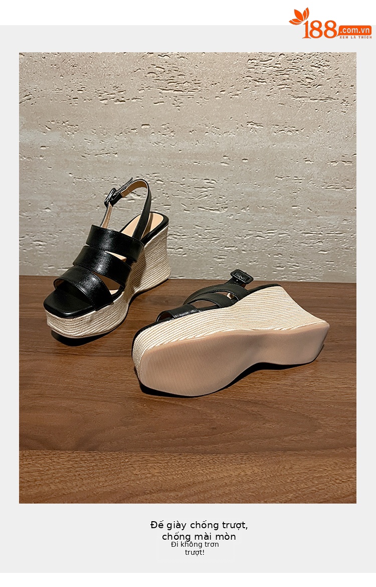 Sandal cao gót nữ hở mũi quai ngang đế xuồng da thật — màu đen, màu trắng ngà chi tiết 5