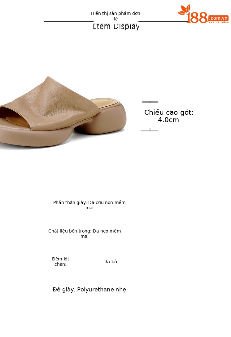 Sandal nữ hở mũi gót thấp đế dày 4cm da dê — màu trắng ngà chi tiết 3