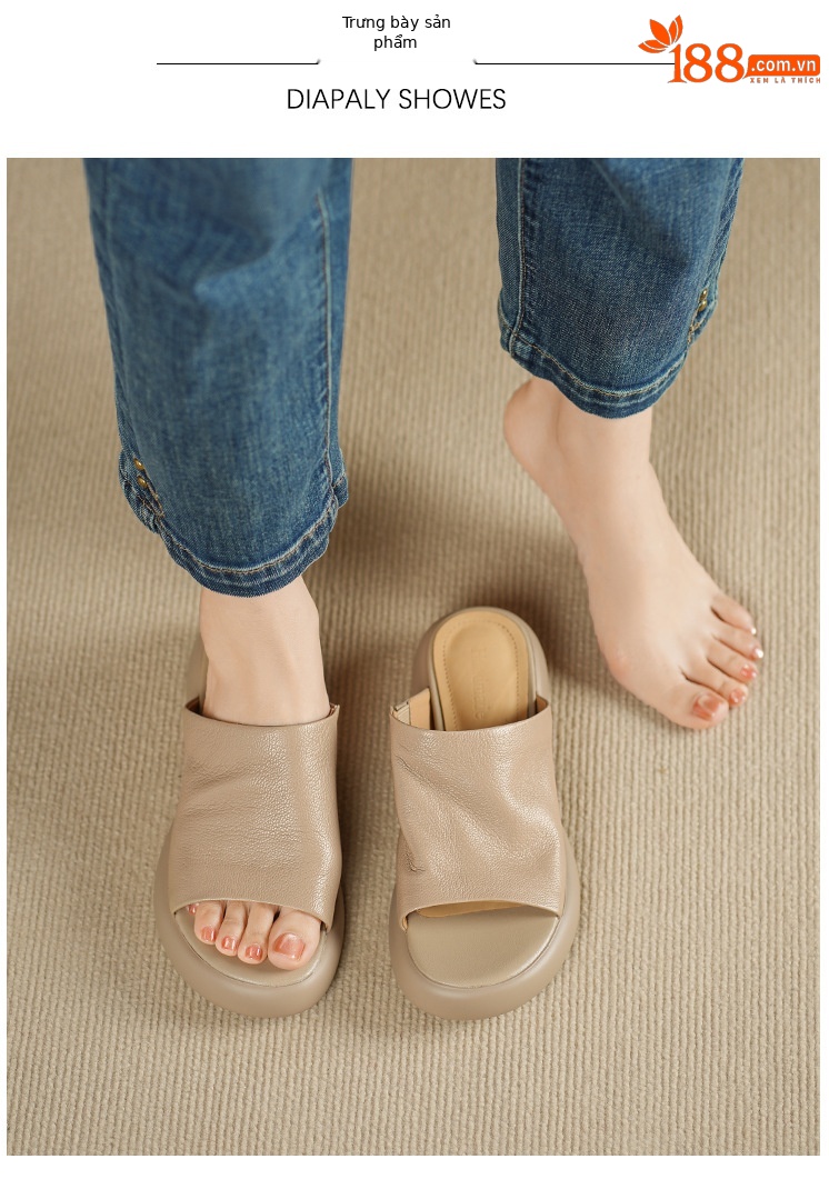 Sandal nữ hở mũi gót thấp đế dày 4cm da dê — màu trắng ngà chi tiết 4
