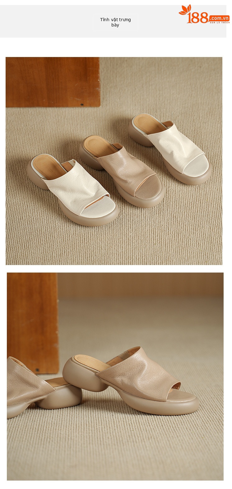 Sandal nữ hở mũi gót thấp đế dày 4cm da dê — màu trắng ngà chi tiết 9