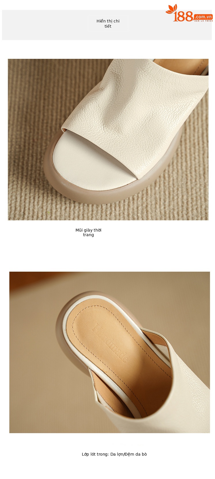 Sandal nữ hở mũi gót thấp đế dày 4cm da dê — màu trắng ngà chi tiết 12
