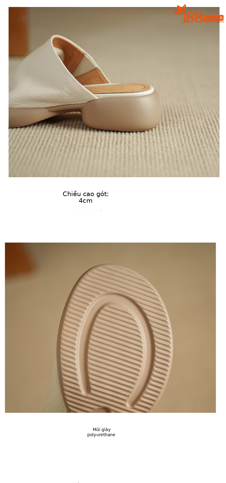 Sandal nữ hở mũi gót thấp đế dày 4cm da dê — màu trắng ngà chi tiết 13