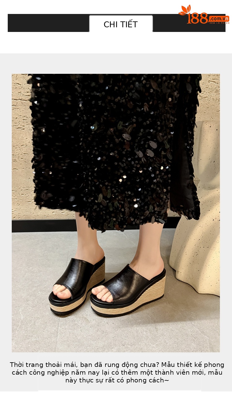 Sandal cao gót nữ mũi hở đế xuồng bọc cói phong cách La Mã — màu đen, màu trắng ngà chi tiết 2