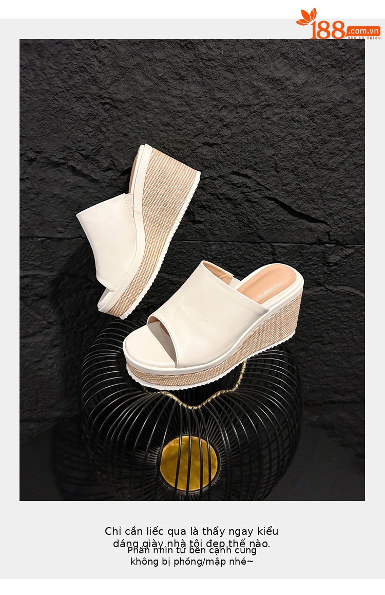 Sandal cao gót nữ mũi hở đế xuồng bọc cói phong cách La Mã — màu đen, màu trắng ngà chi tiết 4