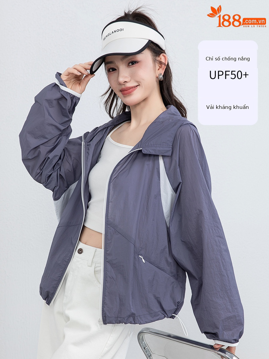 Áo chống nắng nữ dáng rộng thả vai, liền mũ, chất liệu lụa thoáng khí, che nắng mùa hè — màu tím