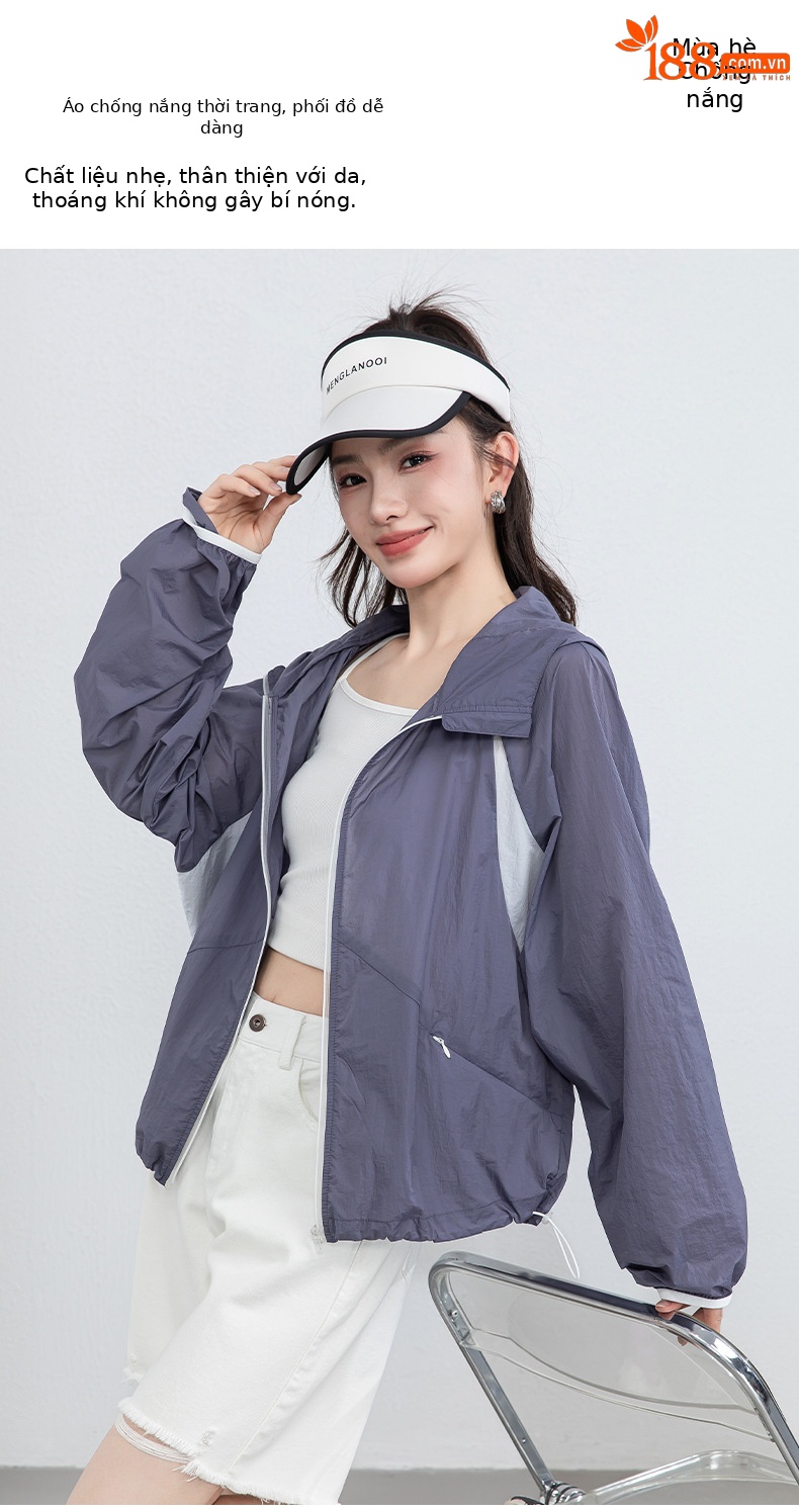 Áo chống nắng nữ dáng rộng thả vai, liền mũ, chất liệu lụa thoáng khí, che nắng mùa hè — màu tím chi tiết 1