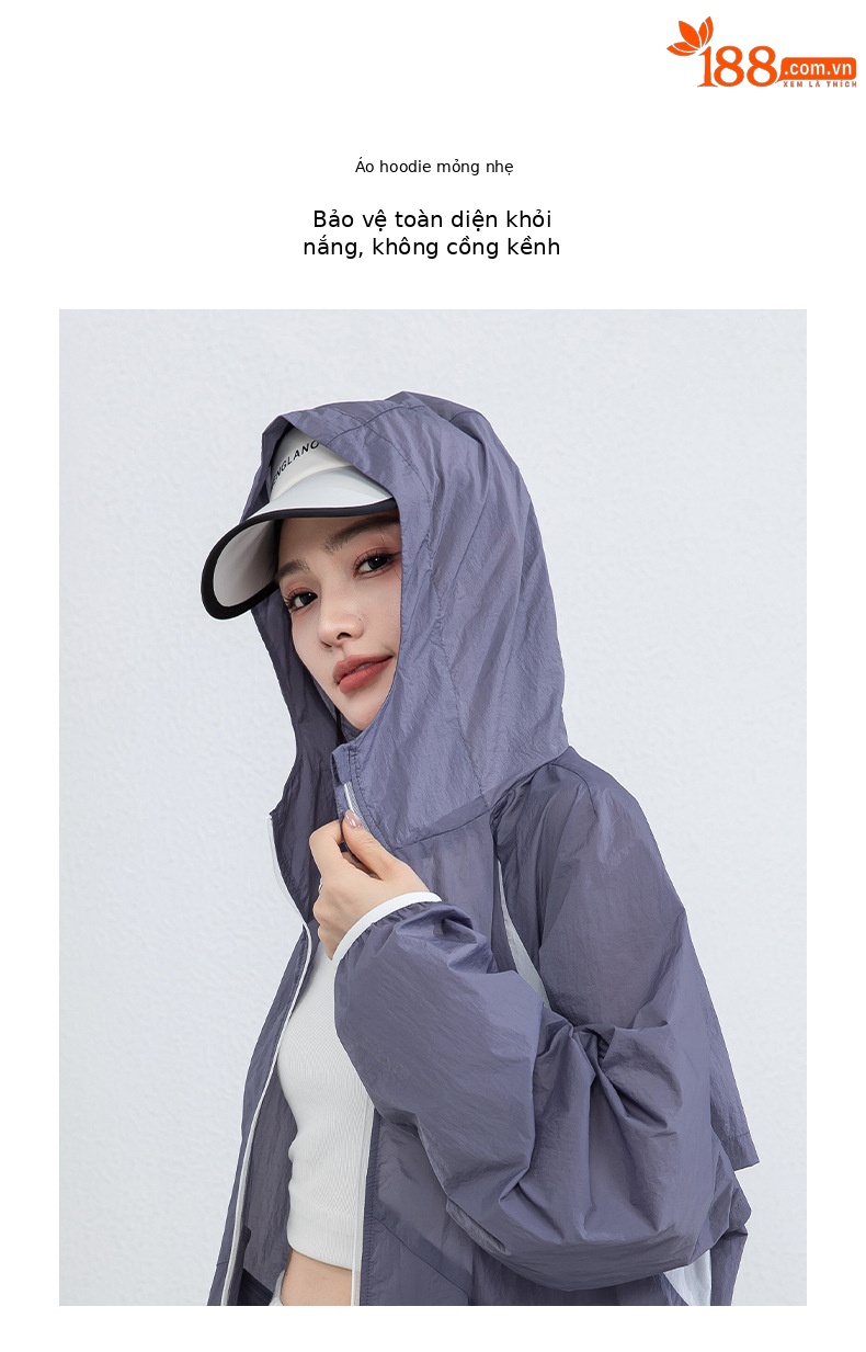 Áo chống nắng nữ dáng rộng thả vai, liền mũ, chất liệu lụa thoáng khí, che nắng mùa hè — màu tím chi tiết 7
