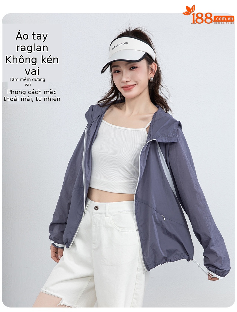 Áo chống nắng nữ dáng rộng thả vai, liền mũ, chất liệu lụa thoáng khí, che nắng mùa hè — màu tím chi tiết 12