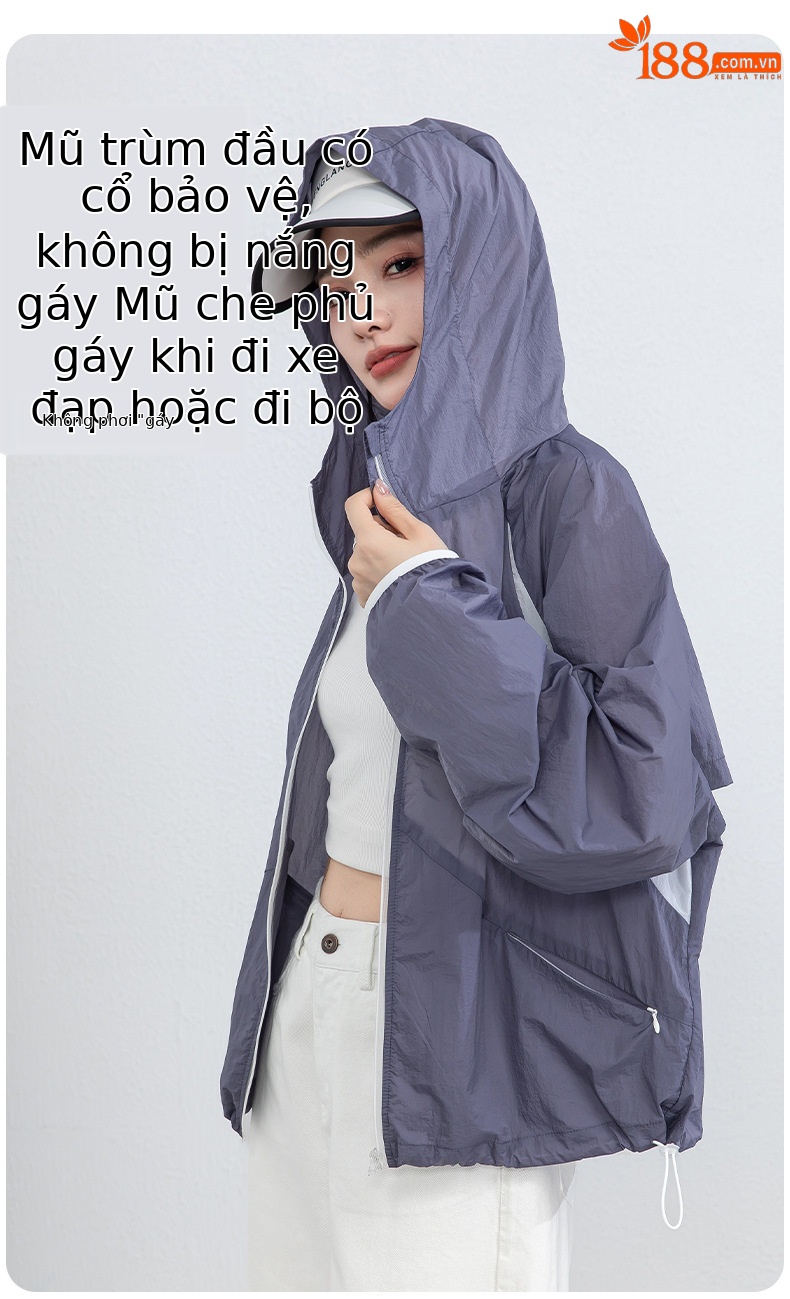 Áo chống nắng nữ dáng rộng thả vai, liền mũ, chất liệu lụa thoáng khí, che nắng mùa hè — màu tím chi tiết 13