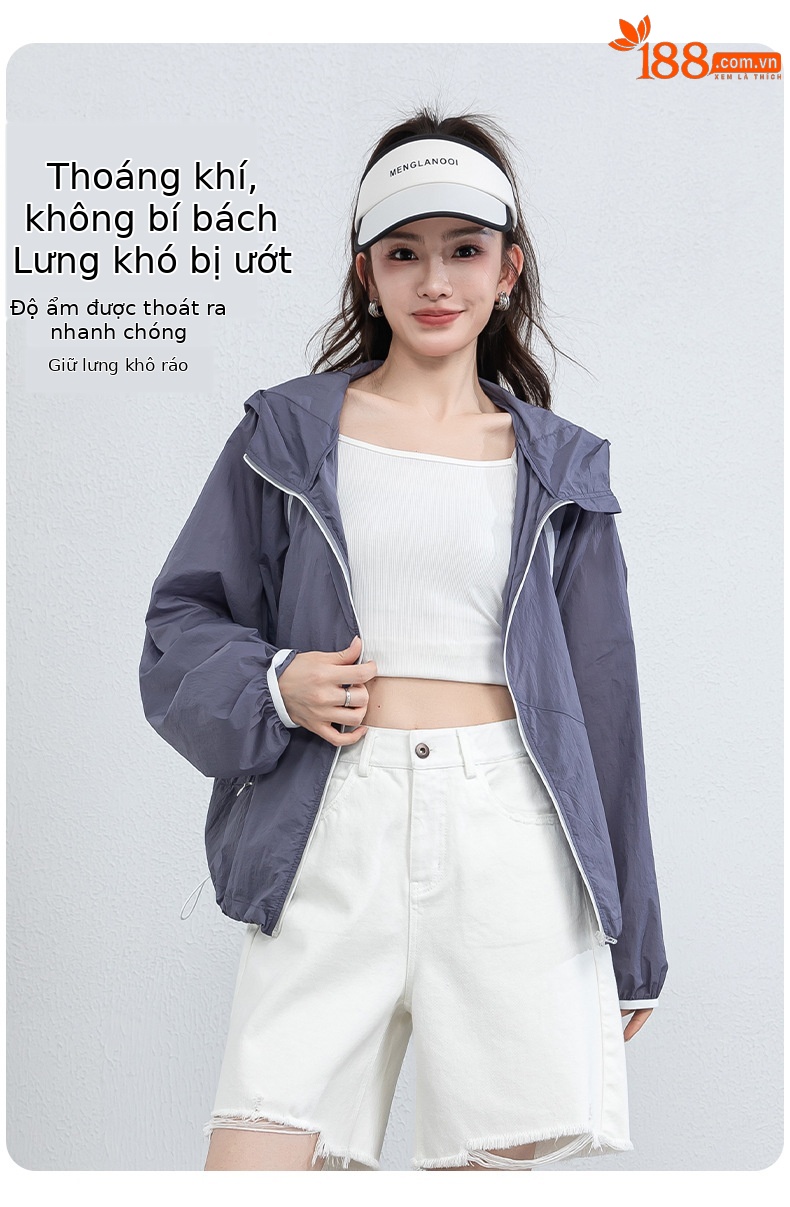 Áo chống nắng nữ dáng rộng thả vai, liền mũ, chất liệu lụa thoáng khí, che nắng mùa hè — màu tím chi tiết 14