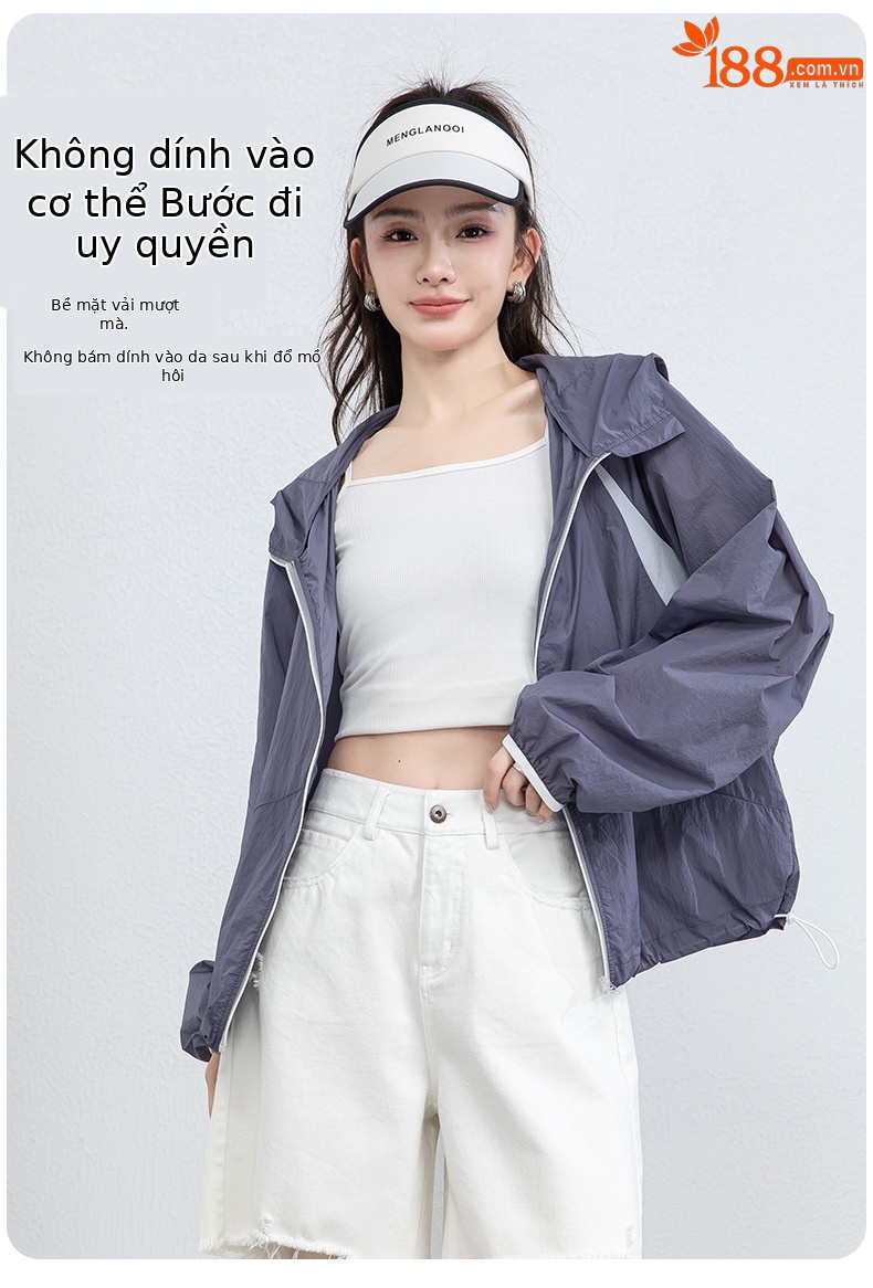 Áo chống nắng nữ dáng rộng thả vai, liền mũ, chất liệu lụa thoáng khí, che nắng mùa hè — màu tím chi tiết 15