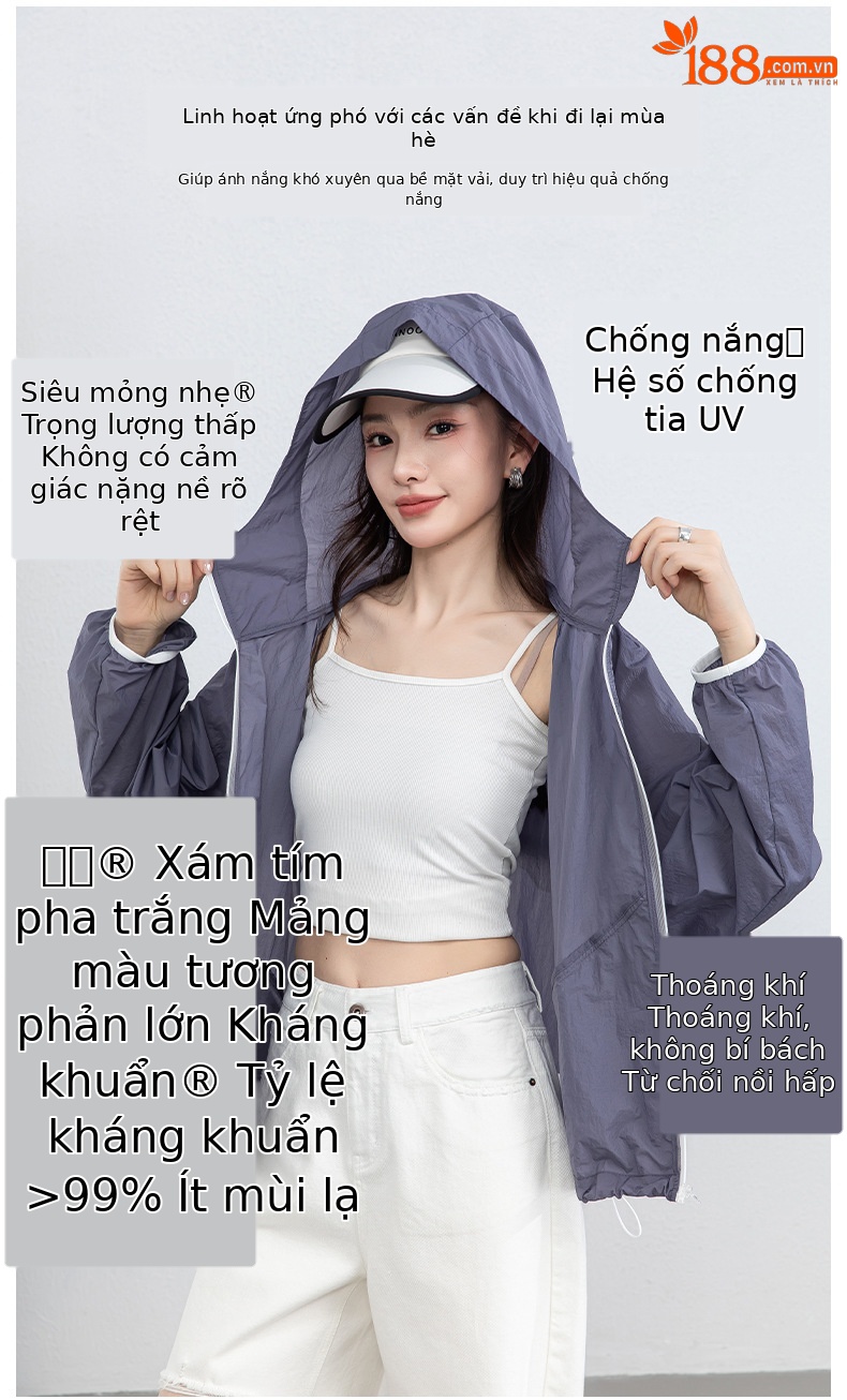 Áo chống nắng nữ dáng rộng thả vai, liền mũ, chất liệu lụa thoáng khí, che nắng mùa hè — màu tím chi tiết 3