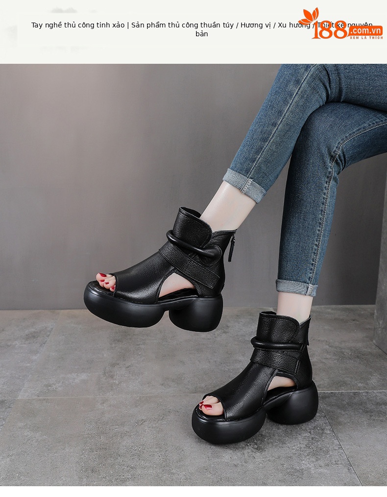 Sandal hở mũi nữ da bò thật đế dày tăng chiều cao khóa kéo — màu đen chi tiết 1