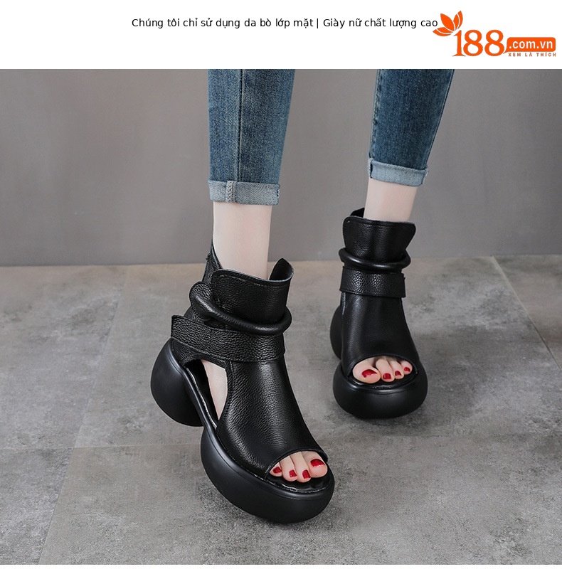 Sandal hở mũi nữ da bò thật đế dày tăng chiều cao khóa kéo — màu đen chi tiết 2