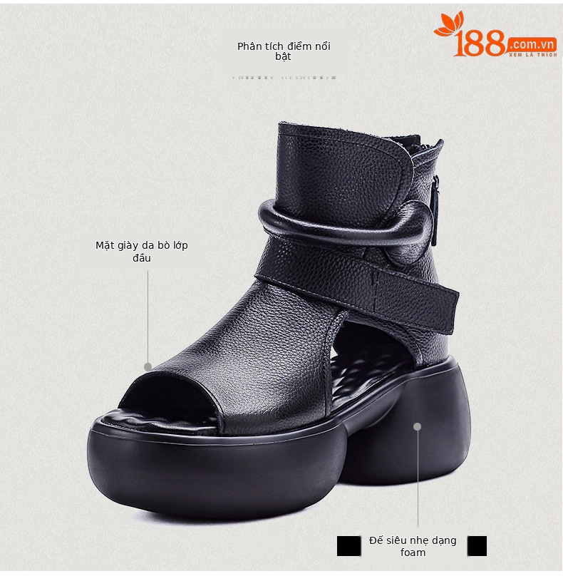 Sandal hở mũi nữ da bò thật đế dày tăng chiều cao khóa kéo — màu đen chi tiết 3