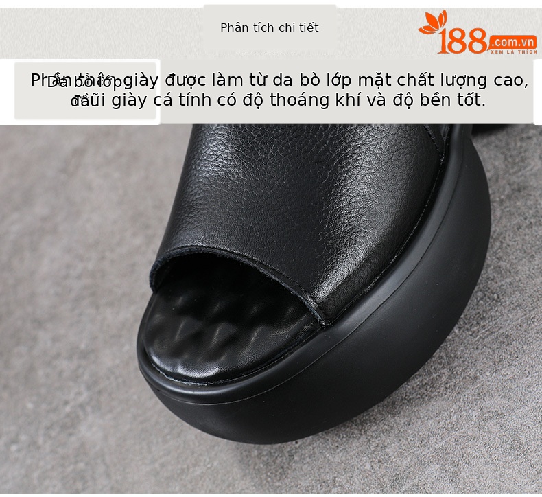 Sandal hở mũi nữ da bò thật đế dày tăng chiều cao khóa kéo — màu đen chi tiết 4
