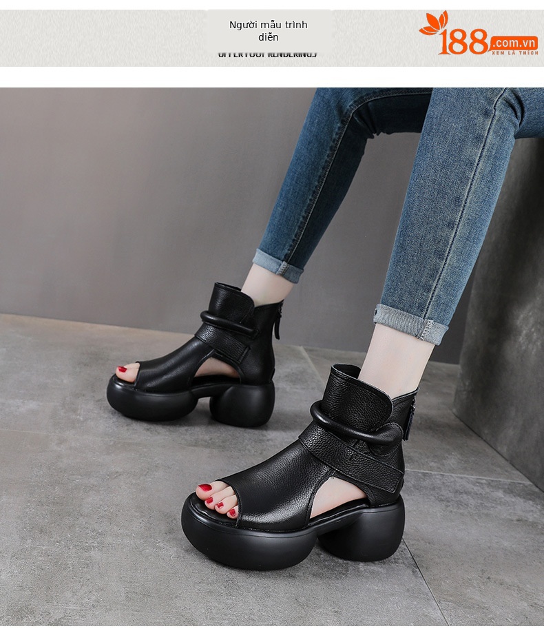 Sandal hở mũi nữ da bò thật đế dày tăng chiều cao khóa kéo — màu đen chi tiết 9