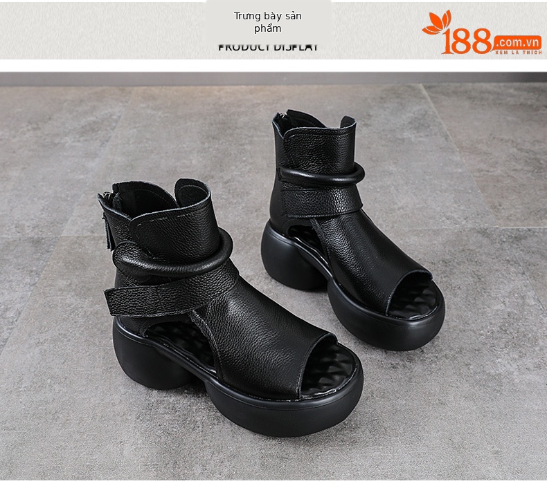 Sandal hở mũi nữ da bò thật đế dày tăng chiều cao khóa kéo — màu đen chi tiết 10