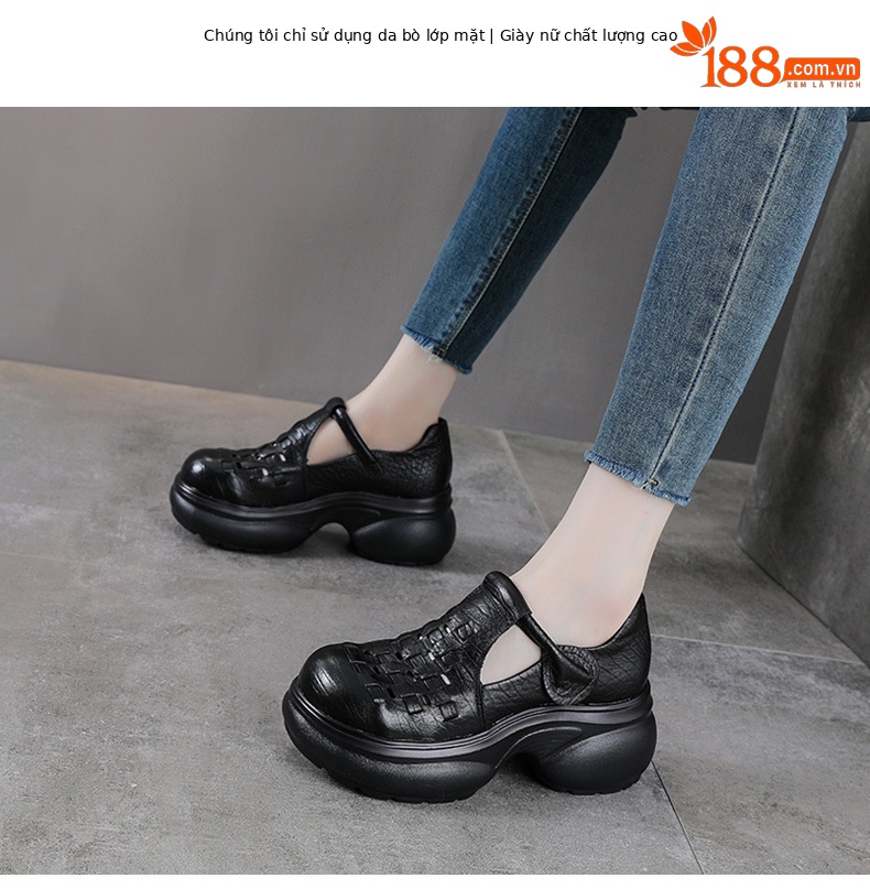 Giày Mary Jane nữ da bò thật đế dày quai ngang kiểu dệt vintage — màu nâu chi tiết 2