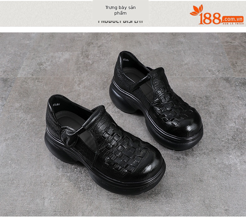 Giày Mary Jane nữ da bò thật đế dày quai ngang kiểu dệt vintage — màu nâu chi tiết 10