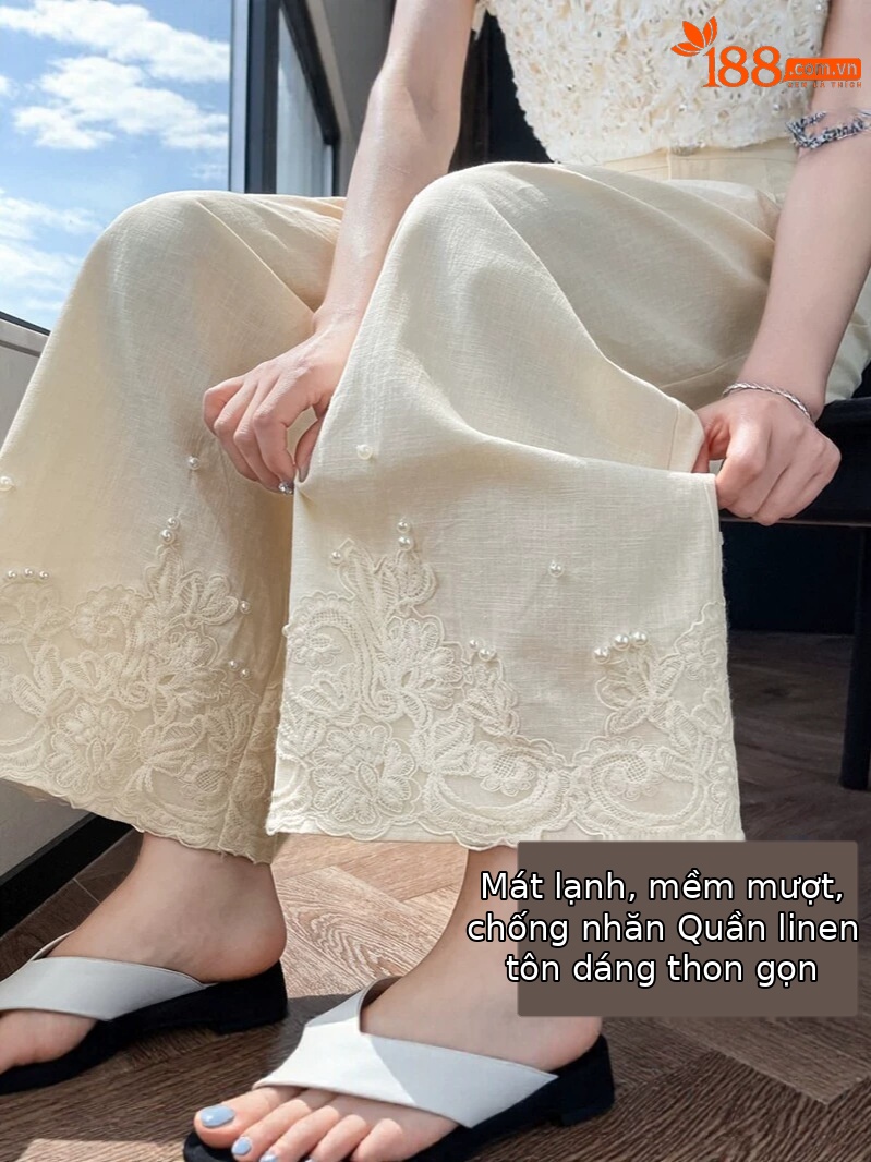 Quần culottes nữ ống rộng eo cao chất liệu ren đính cườm — Màu ảnh