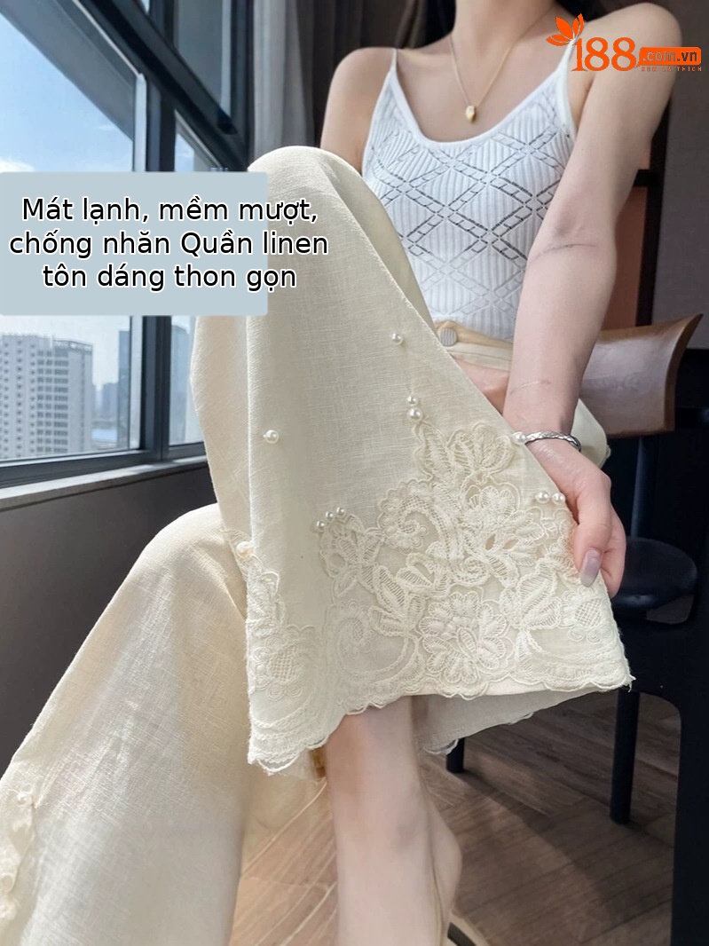 Quần culottes nữ ống rộng eo cao chất liệu ren đính cườm — Màu ảnh
