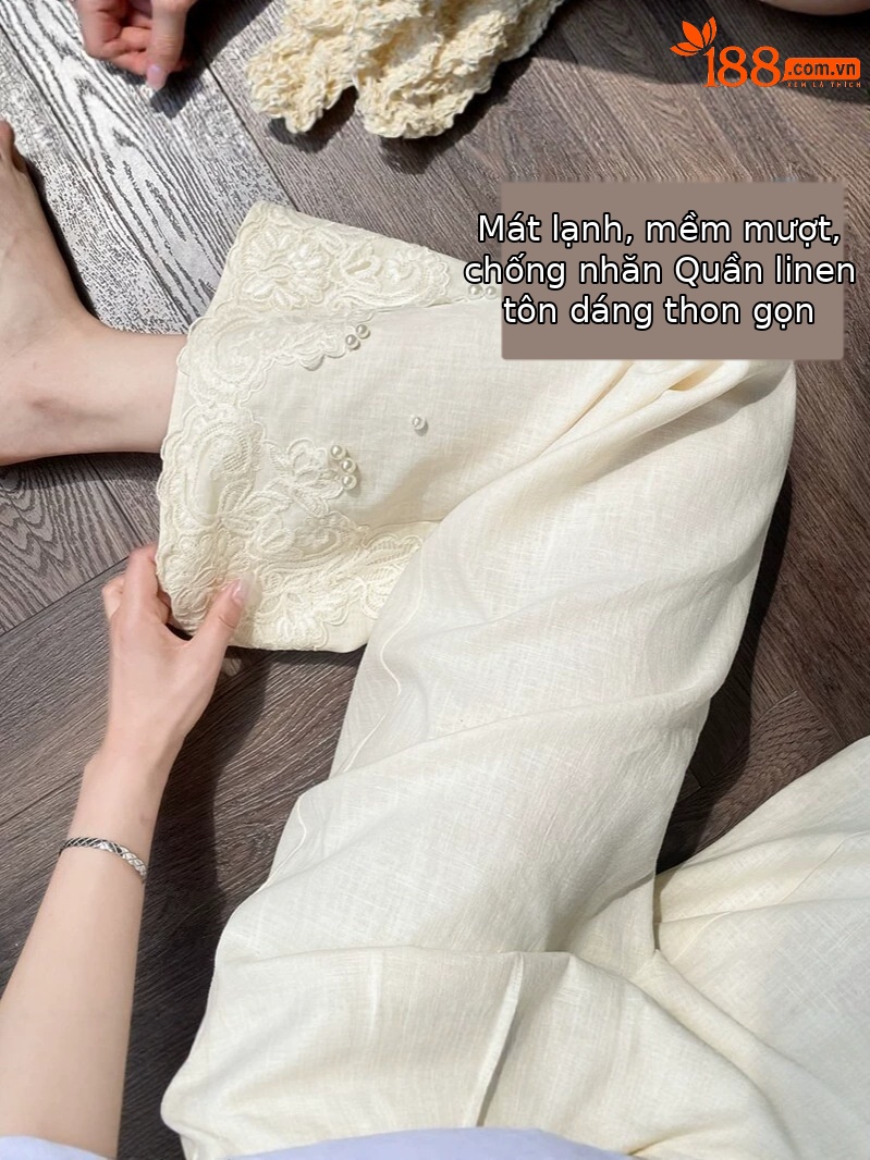 Quần culottes nữ ống rộng eo cao chất liệu ren đính cườm — Màu ảnh