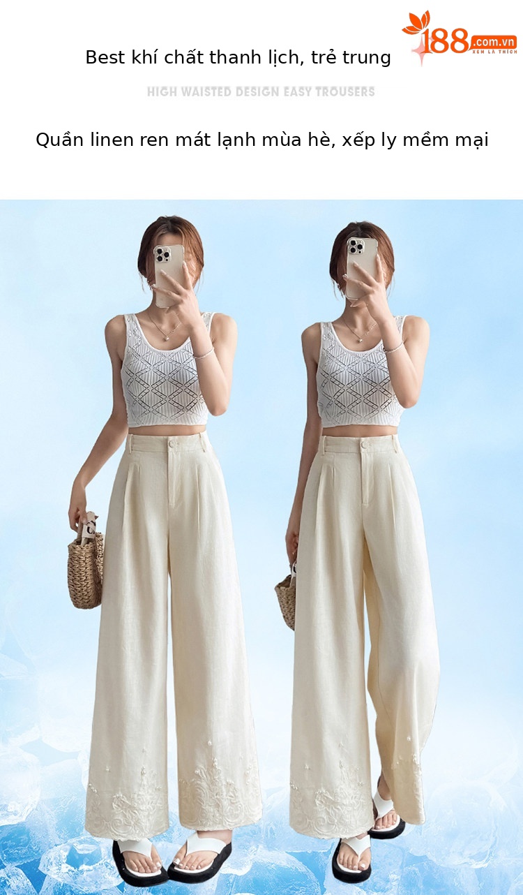 Quần culottes nữ ống rộng eo cao chất liệu ren đính cườm — Màu ảnh chi tiết 1