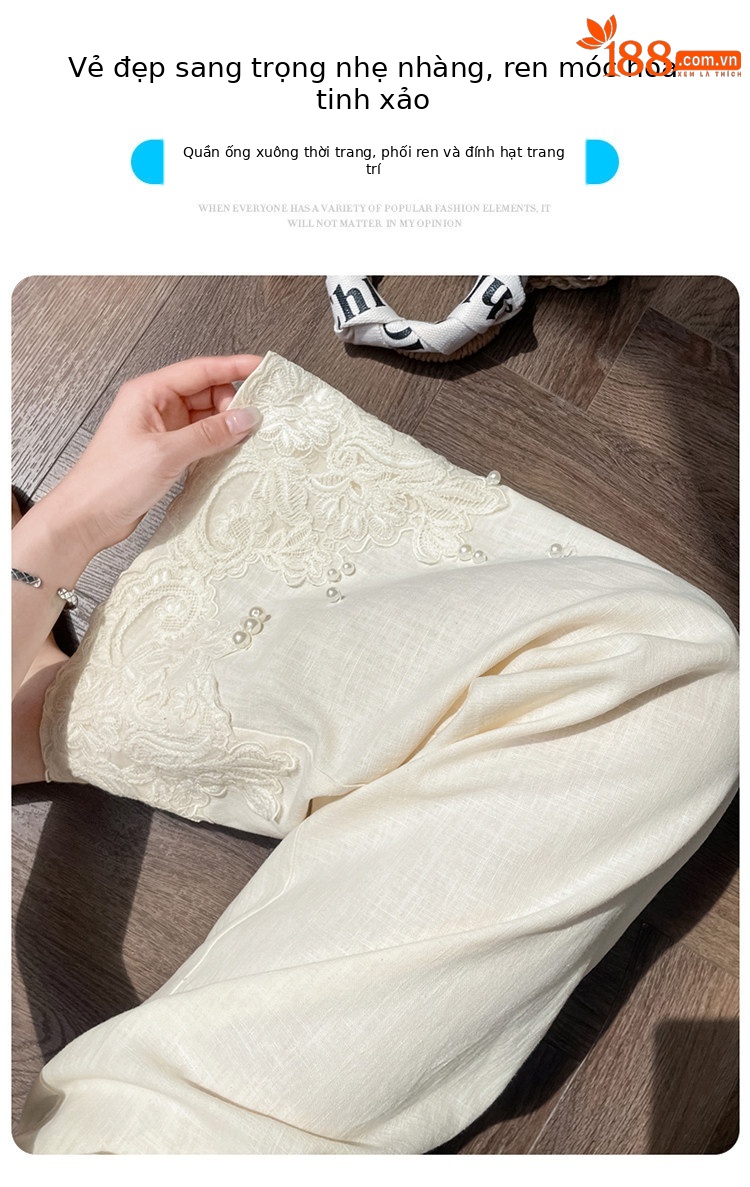 Quần culottes nữ ống rộng eo cao chất liệu ren đính cườm — Màu ảnh chi tiết 3