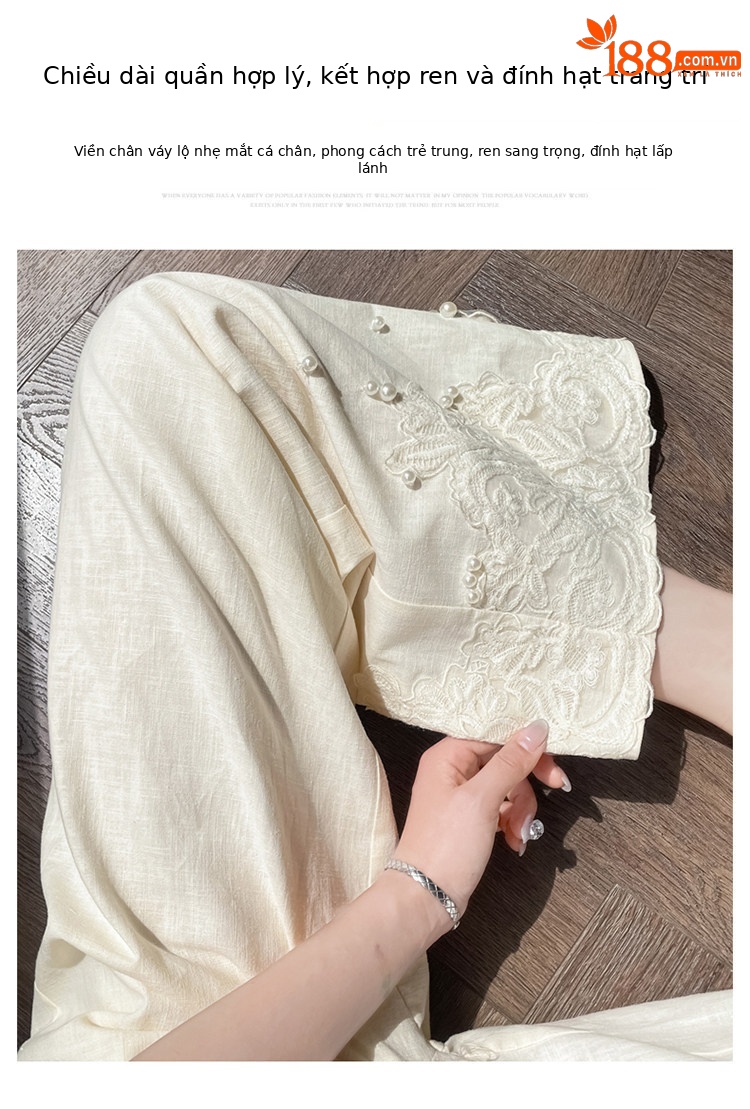 Quần culottes nữ ống rộng eo cao chất liệu ren đính cườm — Màu ảnh chi tiết 9