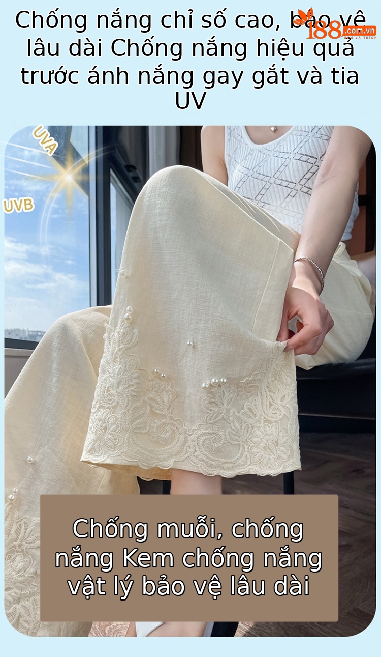 Quần culottes nữ ống rộng eo cao chất liệu ren đính cườm — Màu ảnh chi tiết 18