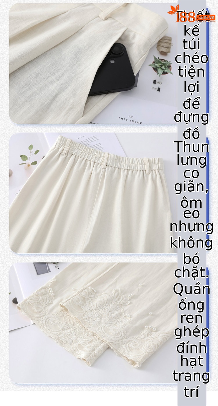 Quần culottes nữ ống rộng eo cao chất liệu ren đính cườm — Màu ảnh chi tiết 37