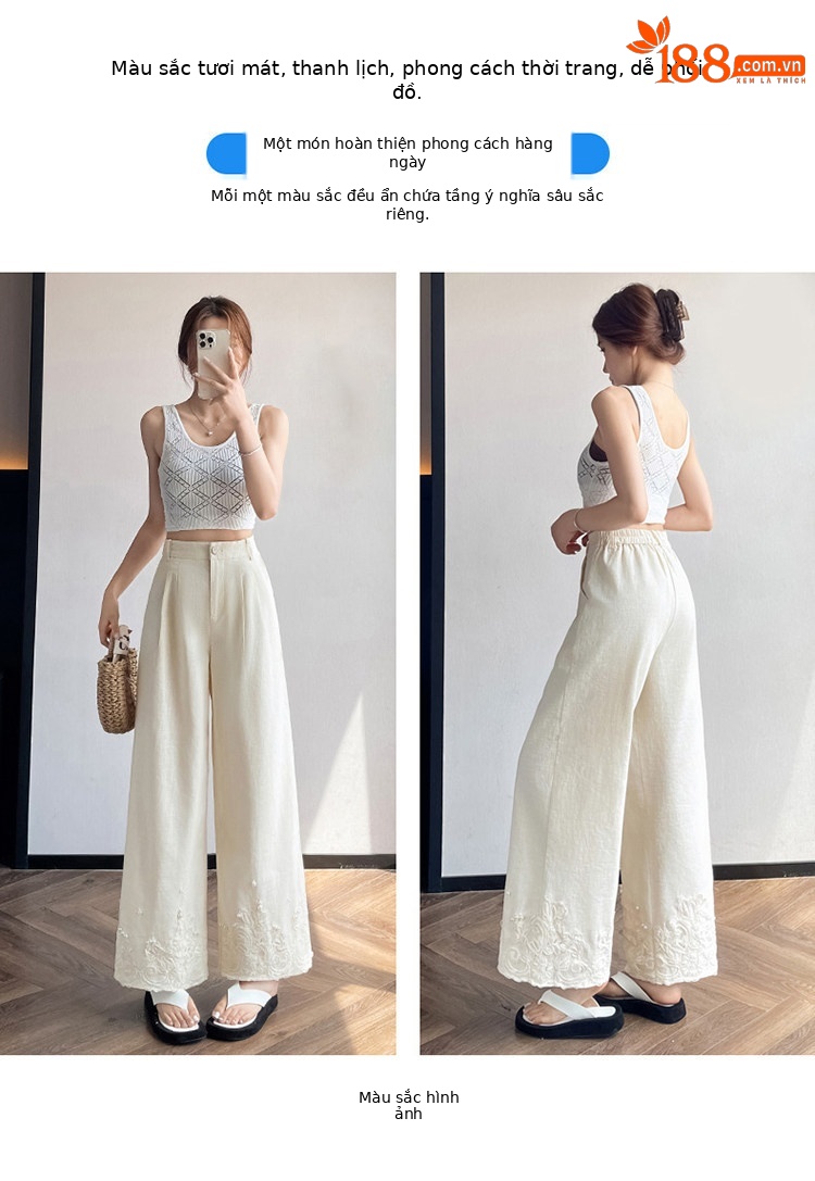 Quần culottes nữ ống rộng eo cao chất liệu ren đính cườm — Màu ảnh chi tiết 41