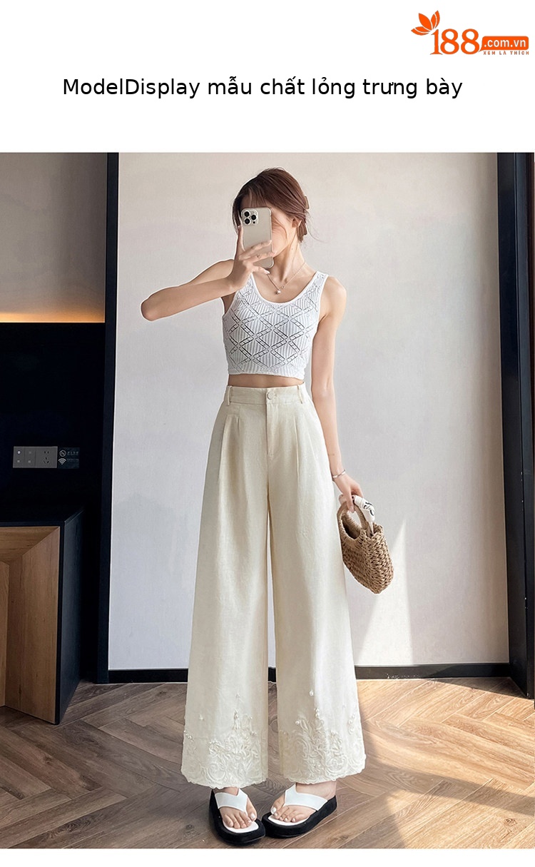 Quần culottes nữ ống rộng eo cao chất liệu ren đính cườm — Màu ảnh chi tiết 42
