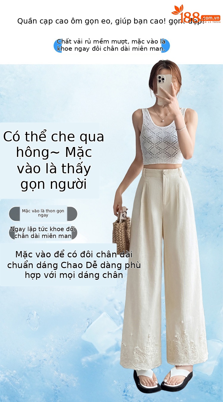 Quần culottes nữ ống rộng eo cao chất liệu ren đính cườm — Màu ảnh chi tiết 4