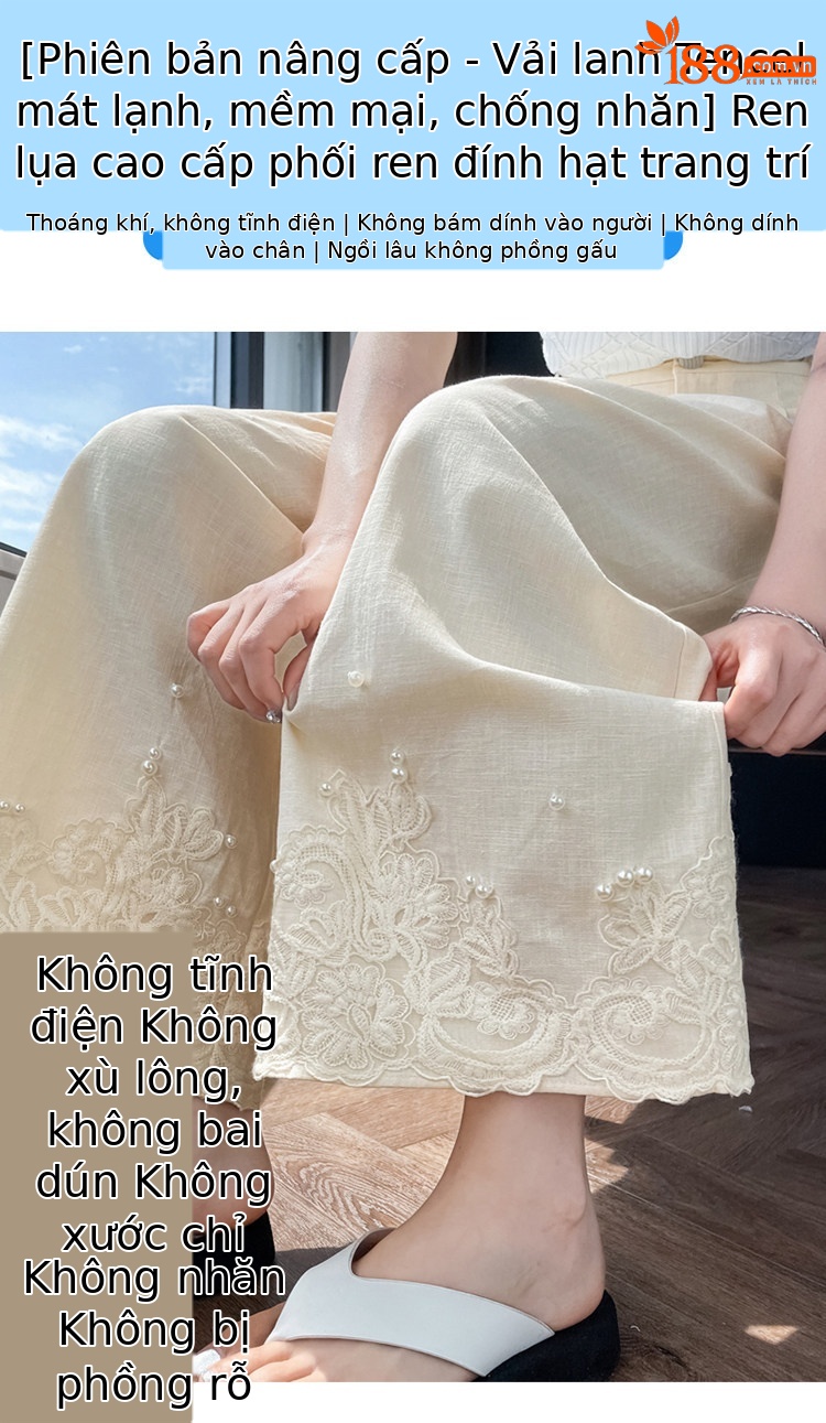 Quần culottes nữ ống rộng eo cao chất liệu ren đính cườm — Màu ảnh chi tiết 5