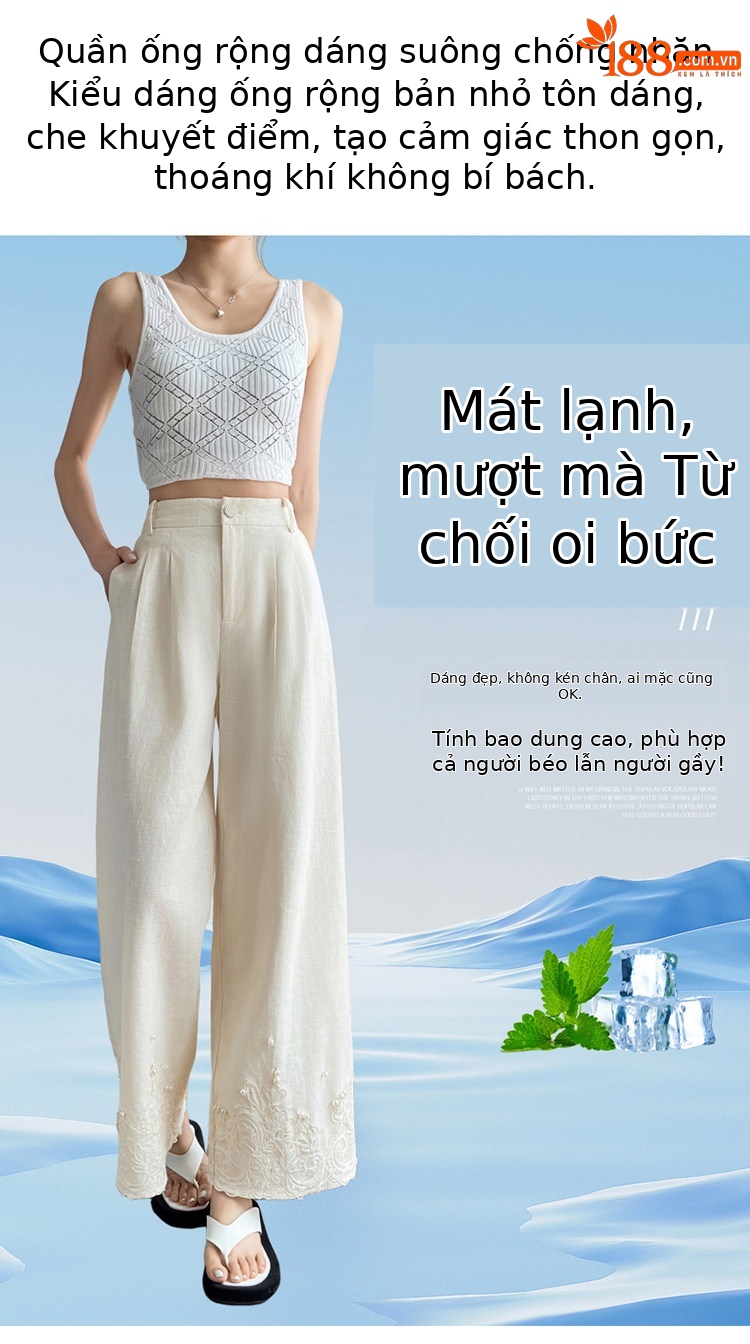 Quần culottes nữ ống rộng eo cao chất liệu ren đính cườm — Màu ảnh chi tiết 7