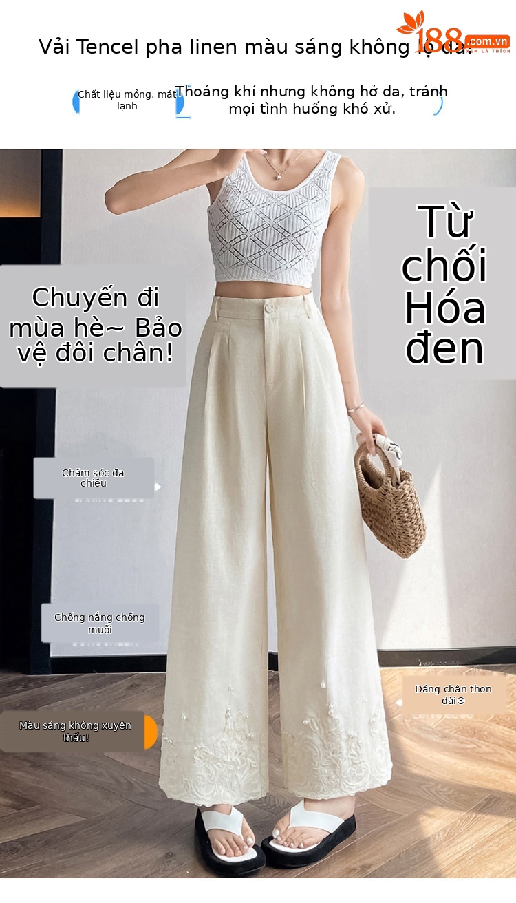 Quần culottes nữ ống rộng eo cao chất liệu ren đính cườm — Màu ảnh chi tiết 8
