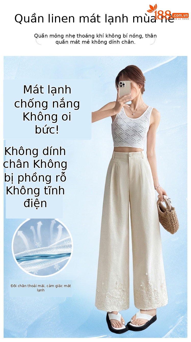 Quần culottes nữ ống rộng eo cao chất liệu ren đính cườm — Màu ảnh chi tiết 14