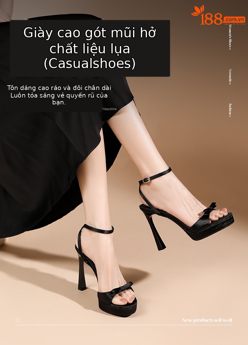 Sandal cao gót nữ hở mũi phối nơ satin quai ngang khóa móc, gót 9 cm — Champagne-9cm chi tiết 1