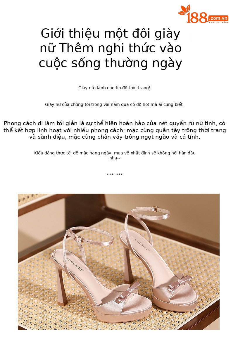 Sandal cao gót nữ hở mũi phối nơ satin quai ngang khóa móc, gót 9 cm — Champagne-9cm chi tiết 2