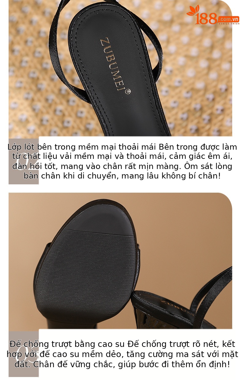 Sandal cao gót nữ hở mũi phối nơ satin quai ngang khóa móc, gót 9 cm — Champagne-9cm chi tiết 4