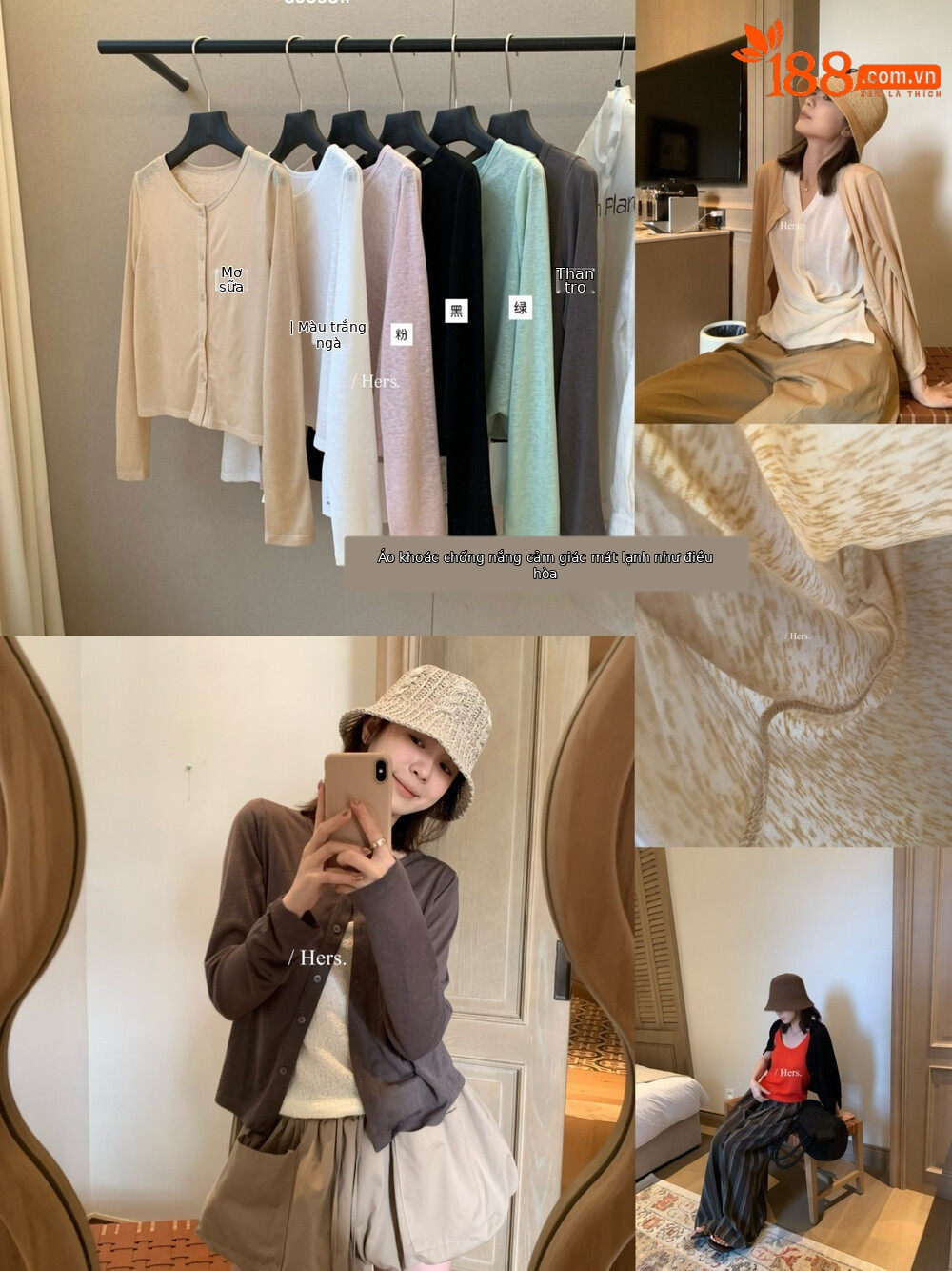 Áo khoác cardigan nữ dệt kim chống nắng cổ tròn tay dài phối màu cơ bản — Hồng sữa, Xám cacbon, màu đen, trắng ngà chi tiết 32
