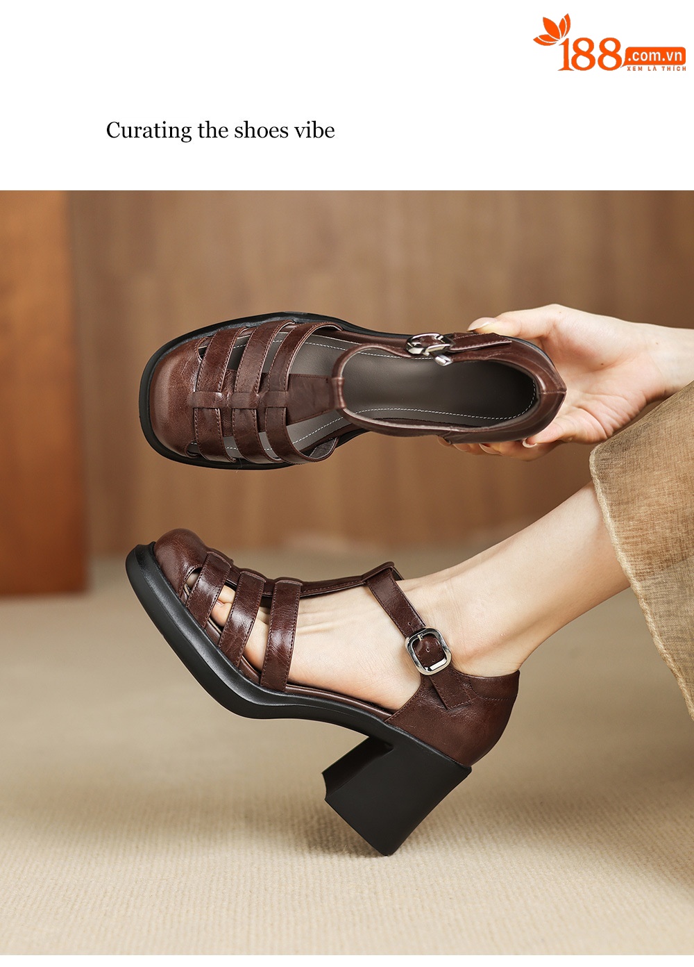 Sandal nữ phong cách La Mã gót dày 7 cm, mũi kín quai T, đế xuồng — màu nâu chi tiết 5