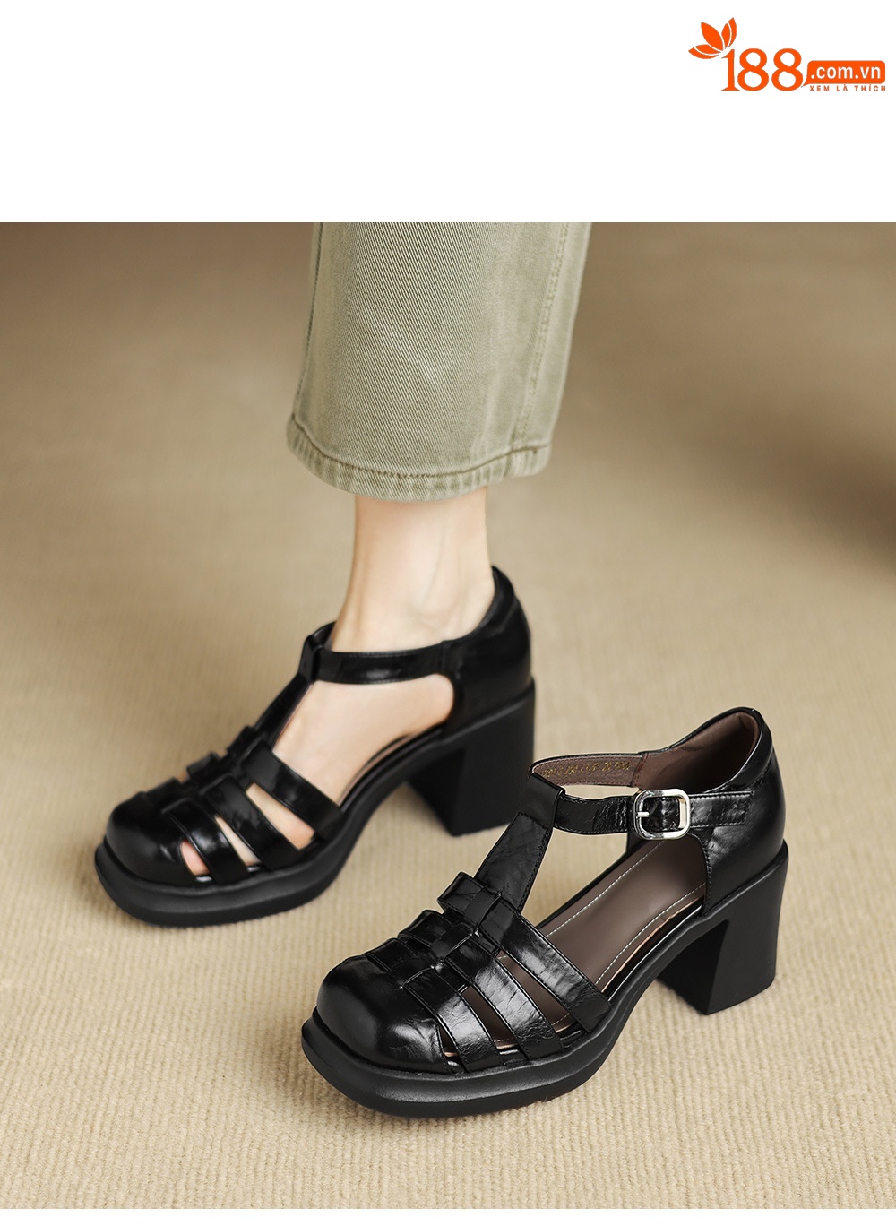 Sandal nữ phong cách La Mã gót dày 7 cm, mũi kín quai T, đế xuồng — màu nâu chi tiết 6