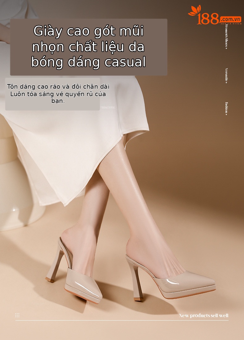 Sandal cao gót nữ mũi nhọn, gót 10 cm, đế platform, chất liệu da PU bóng — Da trần-10cm chi tiết 1
