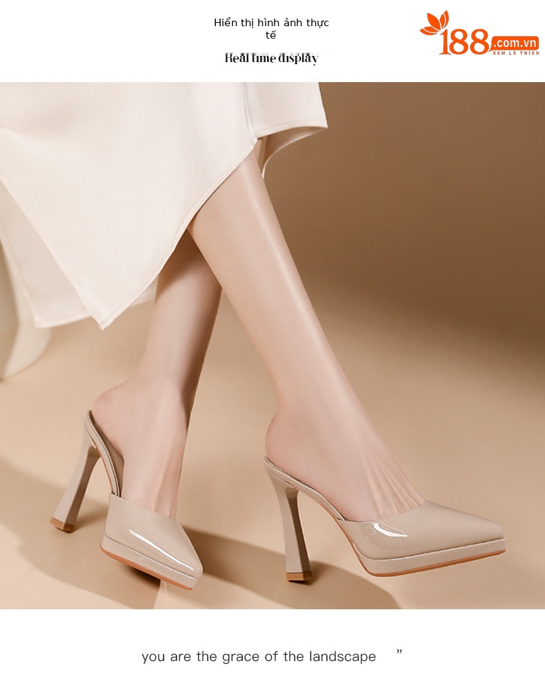 Sandal cao gót nữ mũi nhọn, gót 10 cm, đế platform, chất liệu da PU bóng — Da trần-10cm chi tiết 5