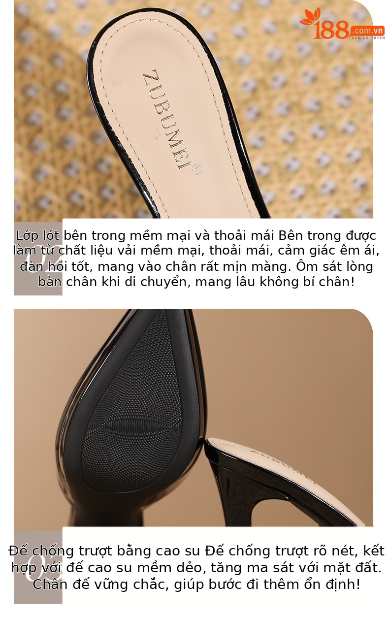 Sandal cao gót nữ mũi nhọn, gót 10 cm, đế platform, chất liệu da PU bóng — Da trần-10cm chi tiết 4