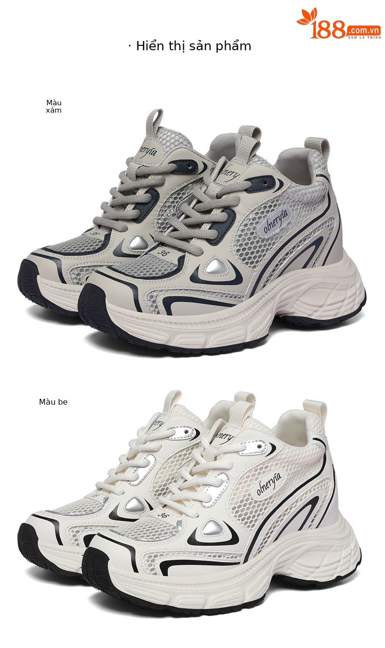 Giày sneaker nữ đế dày Diddy 2026 mới mùa hè, lưới thoáng khí, tăng chiều cao, nhẹ — 7009-5 Xám Lan, 7009-5 Màu be chi tiết 9